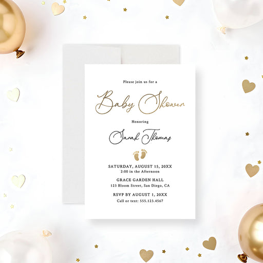 Personalized baby shower invitation with elegant script lettering, small baby footprints and custom event details on a white background-front