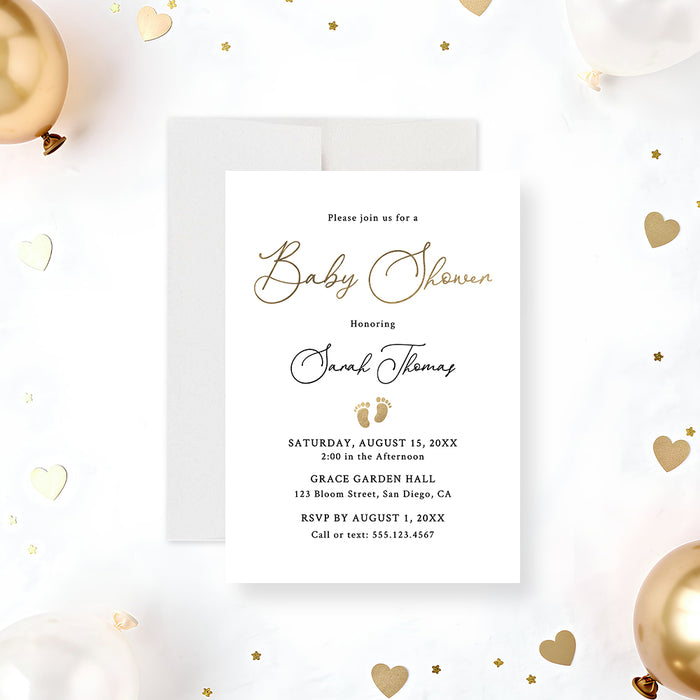 Personalized baby shower invitation with elegant script lettering, small baby footprints and custom event details on a white background-front