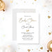 Personalized baby shower invitation with elegant script lettering, small baby footprints and custom event details on a white background-front