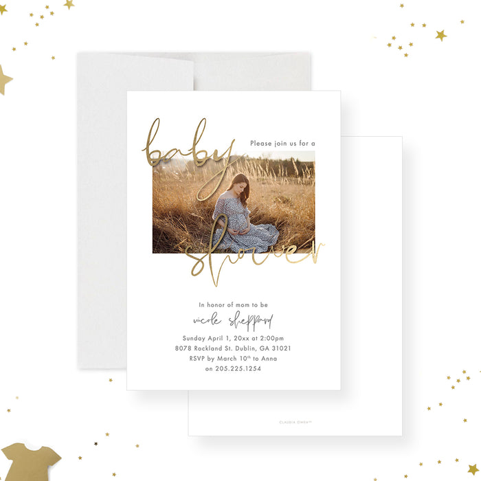 Personalized baby shower invitation with photo and elegant gold script-front-back