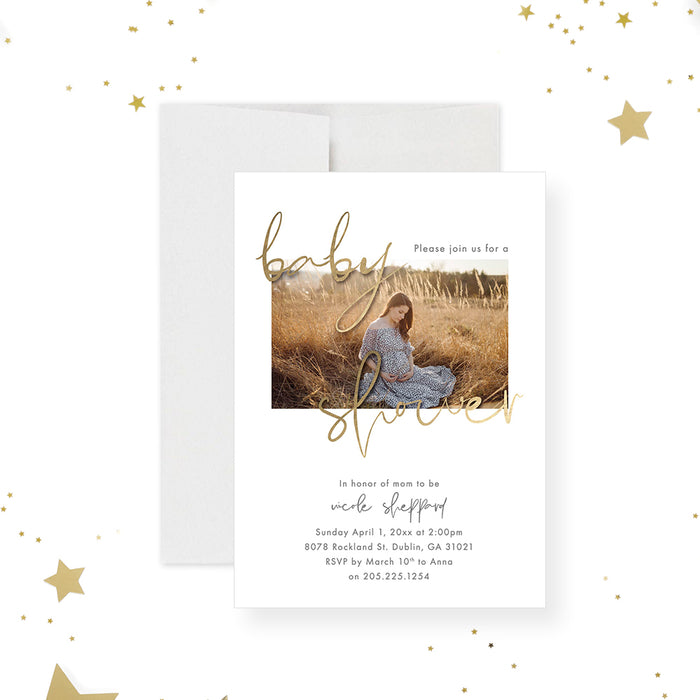 Personalized baby shower invitation with photo and elegant gold script-front