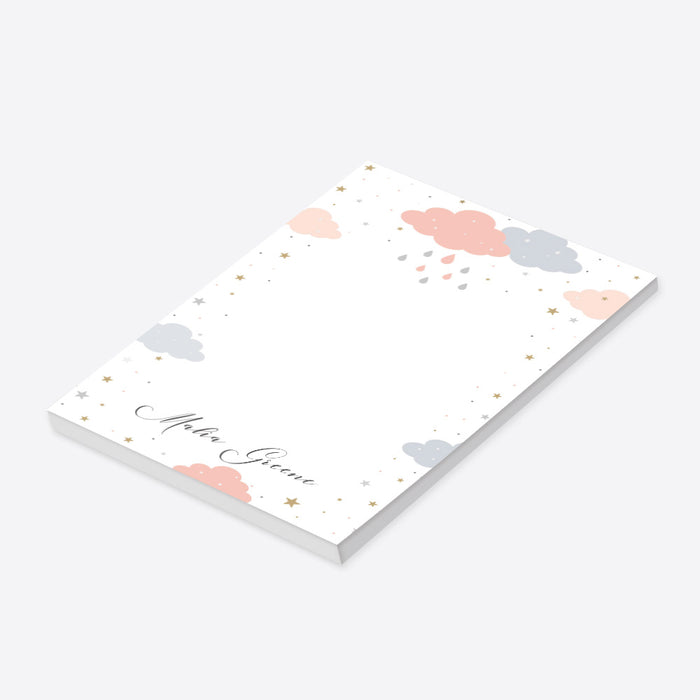 personalized baby shower notepad with pastel clouds, raindrops, and gold star accents-side