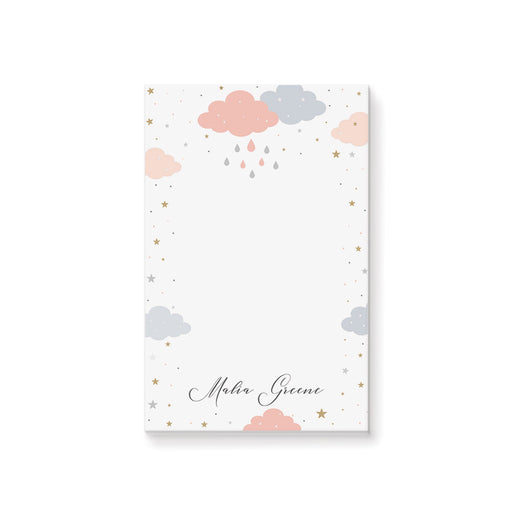 personalized baby shower notepad with pastel clouds, raindrops, and gold star accents
