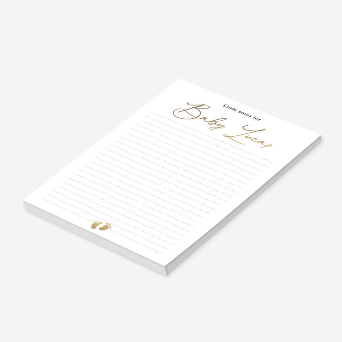 Personalized lined baby shower notepad with Little Notes for heading, custom baby name and small baby footprints at the bottom-side