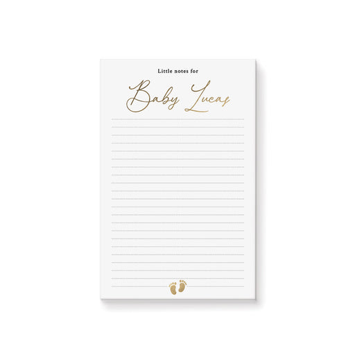 Personalized lined baby shower notepad with Little Notes for heading, custom baby name and small baby footprints at the bottom
