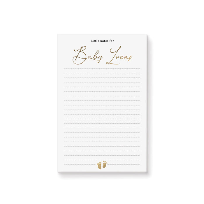 Personalized lined baby shower notepad with Little Notes for heading, custom baby name and small baby footprints at the bottom