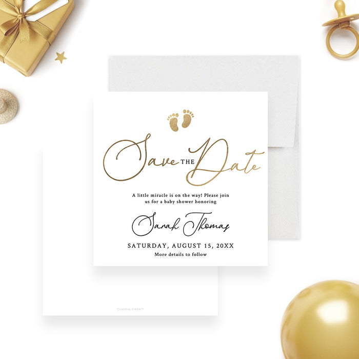 Personalized baby shower save the date card with elegant gold script, baby footprints, custom name, and event date on a minimalist white background-front-back
