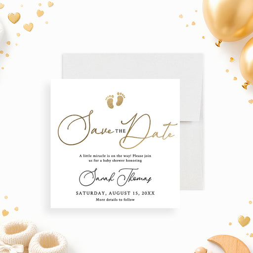 Personalized baby shower save the date card with elegant gold script, baby footprints, custom name, and event date on a minimalist white background-front