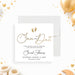 Personalized baby shower save the date card with elegant gold script, baby footprints, custom name, and event date on a minimalist white background-front