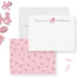 Personalized baby note cards with a pink vintage stroller and name on white; pink back patterned with moons, stars and baby motifs.