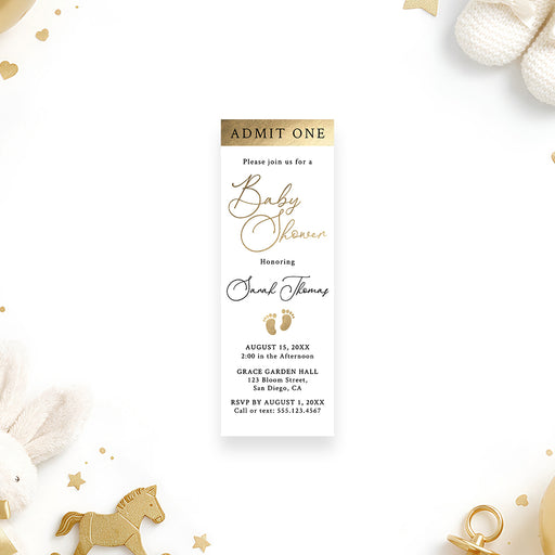 Personalized baby shower ticket invitation with Admit One heading, elegant script lettering, baby footprints and custom event details