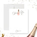 Personalized bachelorette thank you card with a blush champagne bottle, printed gold bottle top, black script wording and a name on a white front.