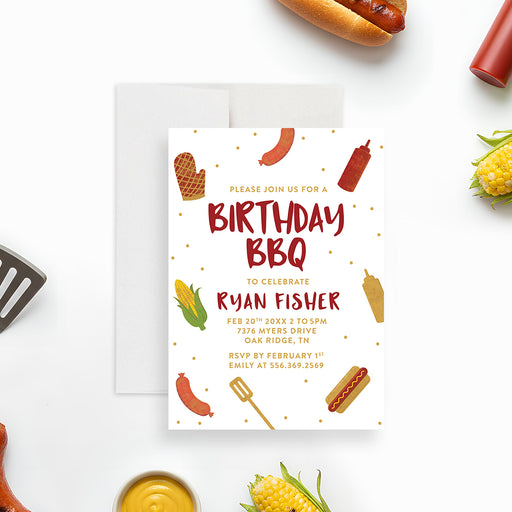 Personalized backyard BBQ birthday invitation with grilling mitt, sausages, condiments, corn, spatula, hot dog and custom party details-front