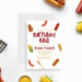 Personalized backyard BBQ birthday invitation with grilling mitt, sausages, condiments, corn, spatula, hot dog and custom party details-front