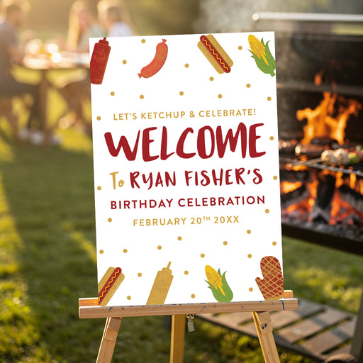 Personalized backyard BBQ birthday welcome sign with Let’s Ketchup and Celebrate wording, custom name, event date and colorful grilling illustrations