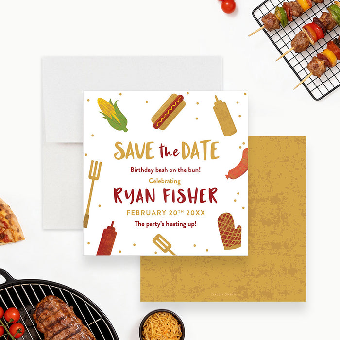 Personalized backyard BBQ birthday save the date card with corn, hot dog, sausage, condiments, grilling utensils, custom name and event date-front-back