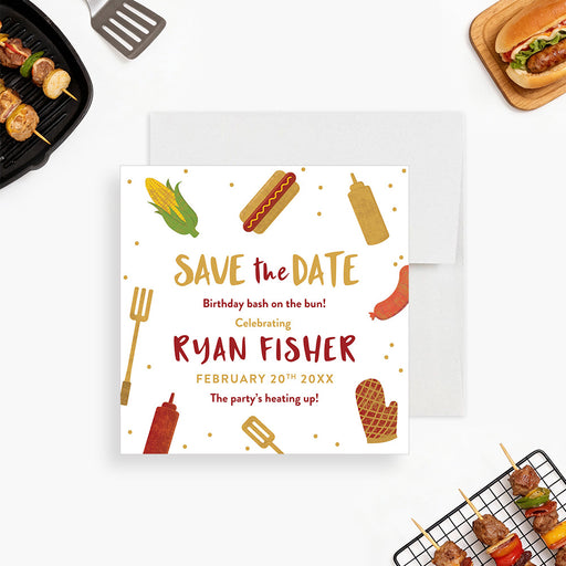 Personalized backyard BBQ birthday save the date card with corn, hot dog, sausage, condiments, grilling utensils, custom name and event date-front