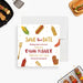 Personalized backyard BBQ birthday save the date card with corn, hot dog, sausage, condiments, grilling utensils, custom name and event date-front