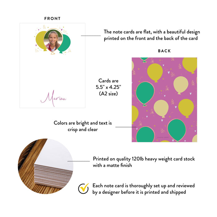 Front and back of personalized balloon photo birthday thank you cards with A2 size and matte cardstock details.