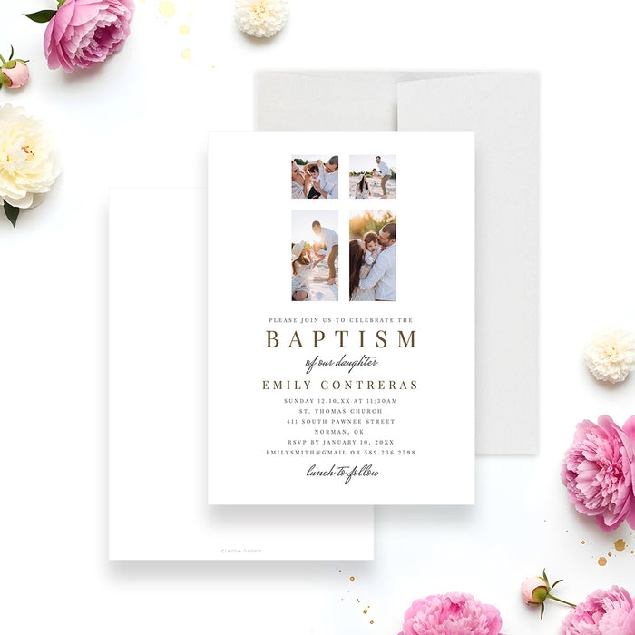 Photo baptism invitation featuring a collage of family photos with elegant typography for a personalized christening celebration.-front-back