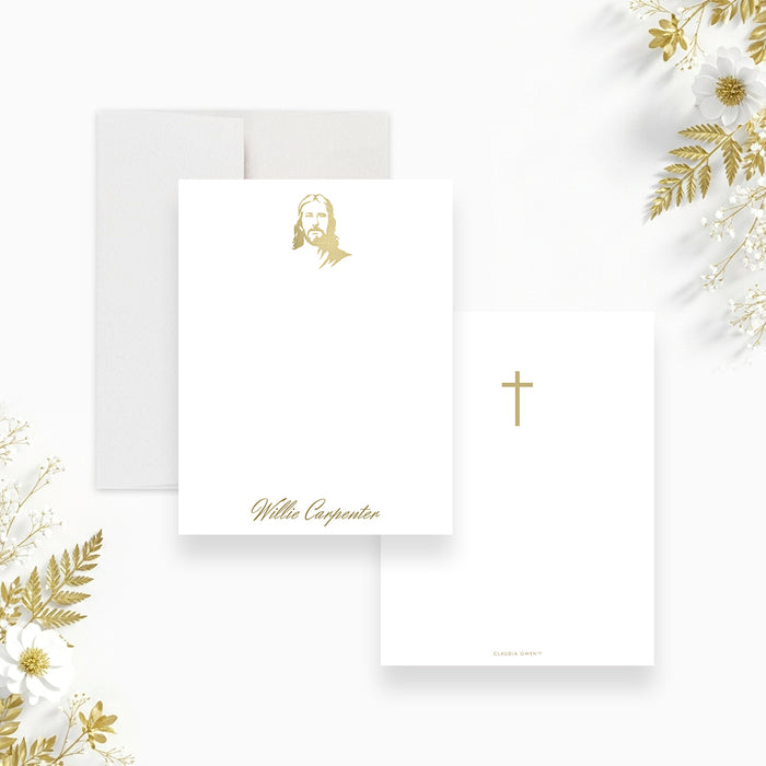 personalized baptism thank you card with Jesus Christ illustration, custom name, and elegant religious design on a white background-front-back