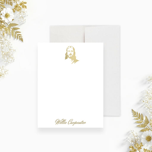 personalized baptism thank you card with Jesus Christ illustration, custom name, and elegant religious design on a white background-front