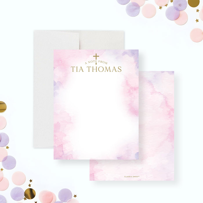 Baptism thank you card with pink watercolor design and cross for a christening celebration.-front-back