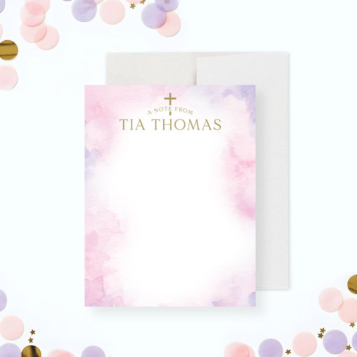 Baptism thank you card with pink watercolor design and cross for a christening celebration.-front