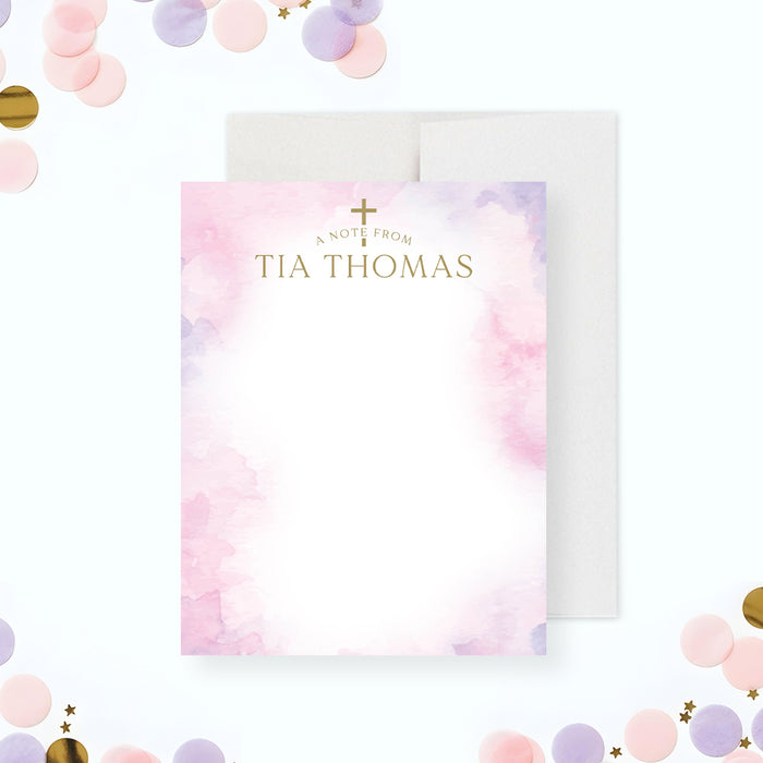 Baptism thank you card with pink watercolor design and cross for a christening celebration.-front