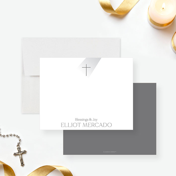 personalized baptism thank you card with cross symbol, Blessings & Joy wording, custom name, white front, and gray back-front-back