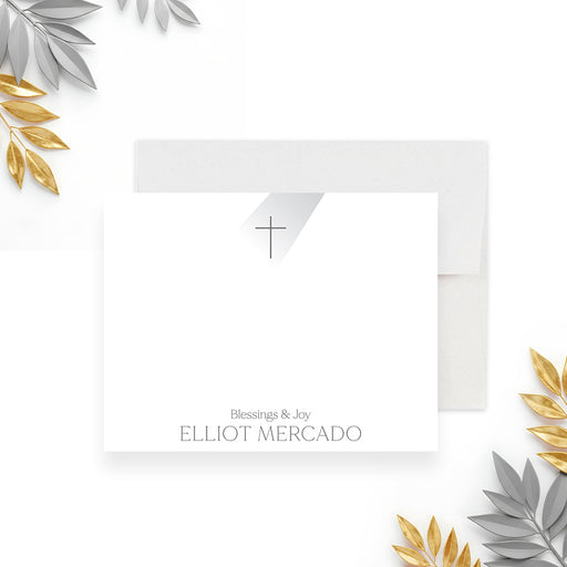 personalized baptism thank you card with cross symbol, Blessings & Joy wording, custom name, white front, and gray back-front