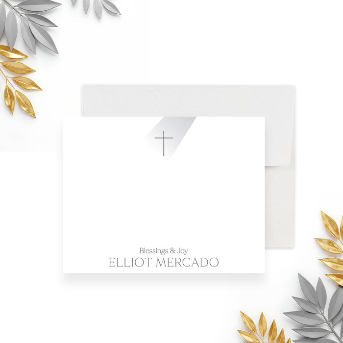 personalized baptism thank you card with cross symbol, Blessings & Joy wording, custom name, white front, and gray back-front