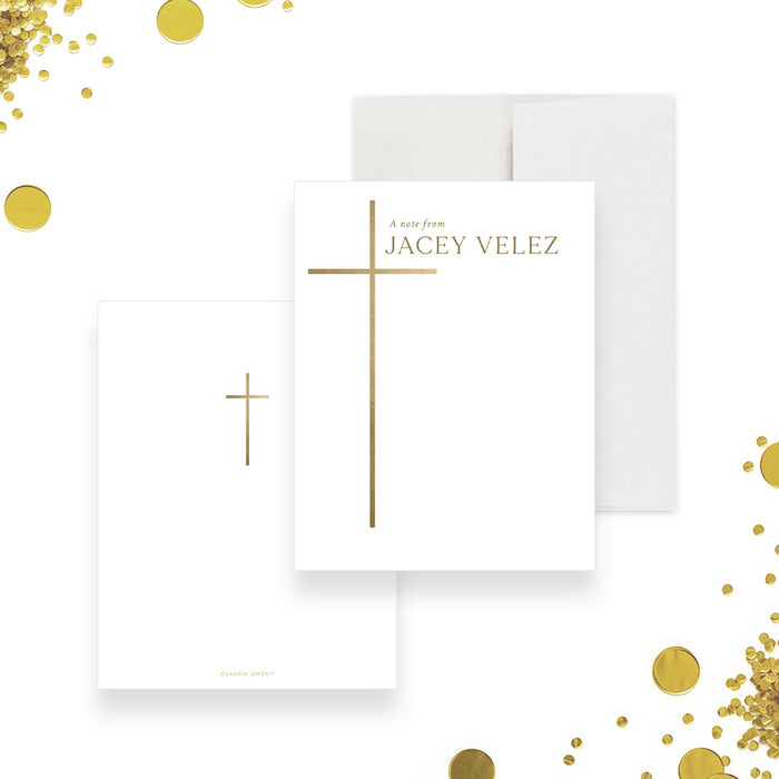 Personalized religious note card featuring a gold cross design, custom name, and elegant thank you gifts for baptisms or christenings.-front-back