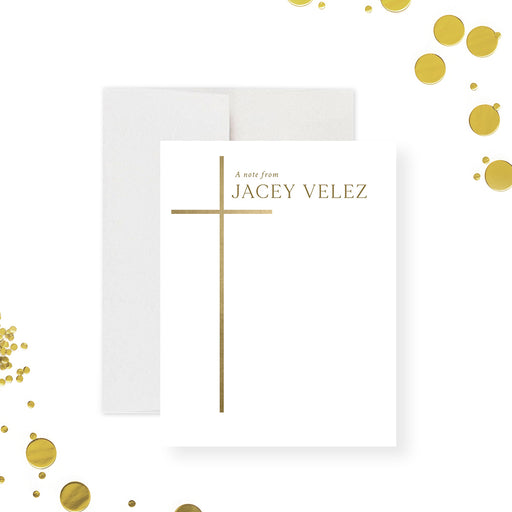 Personalized religious note card featuring a gold cross design, custom name, and elegant thank you gifts for baptisms or christenings.-front