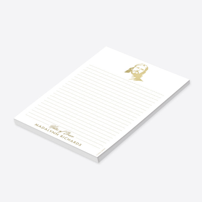 personalized baptism notepad with Jesus Christ illustration, Notes of Grace wording, custom name, lined pages, and elegant religious design-side