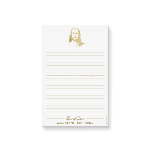 personalized baptism notepad with Jesus Christ illustration, Notes of Grace wording, custom name, lined pages, and elegant religious design