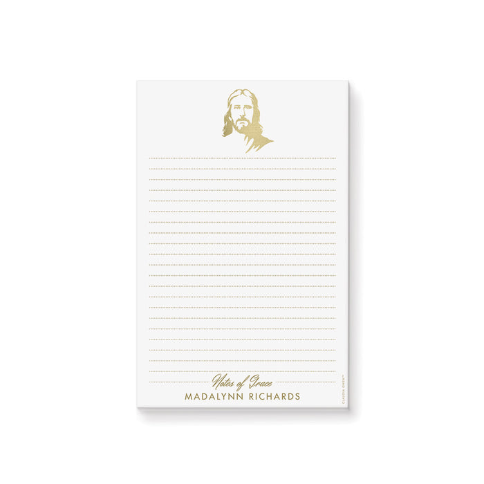 personalized baptism notepad with Jesus Christ illustration, Notes of Grace wording, custom name, lined pages, and elegant religious design
