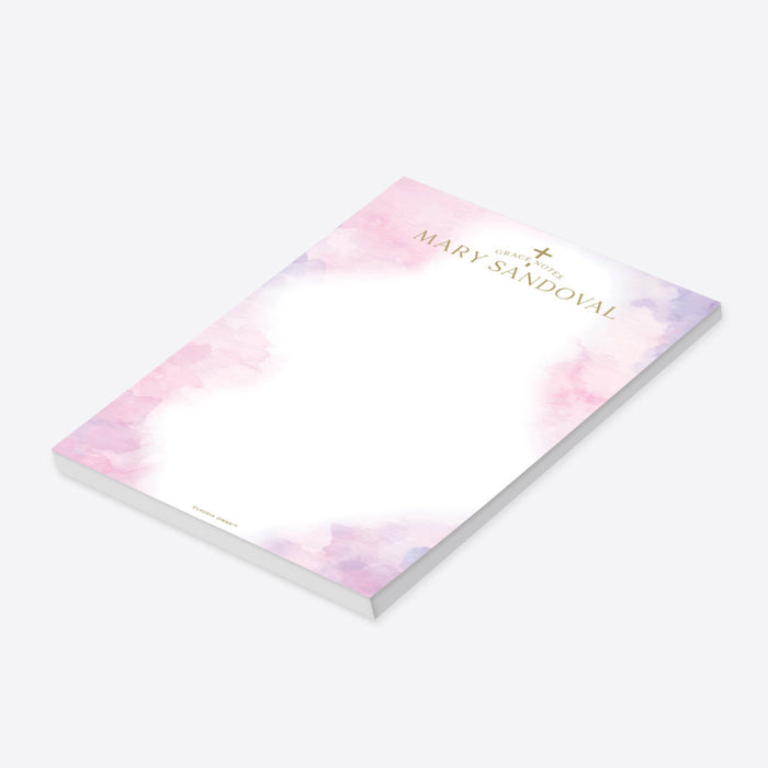Personalized baptism notepad with pink watercolor design for christening stationery.-side