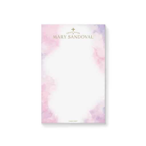Personalized baptism notepad with pink watercolor design for christening stationery.