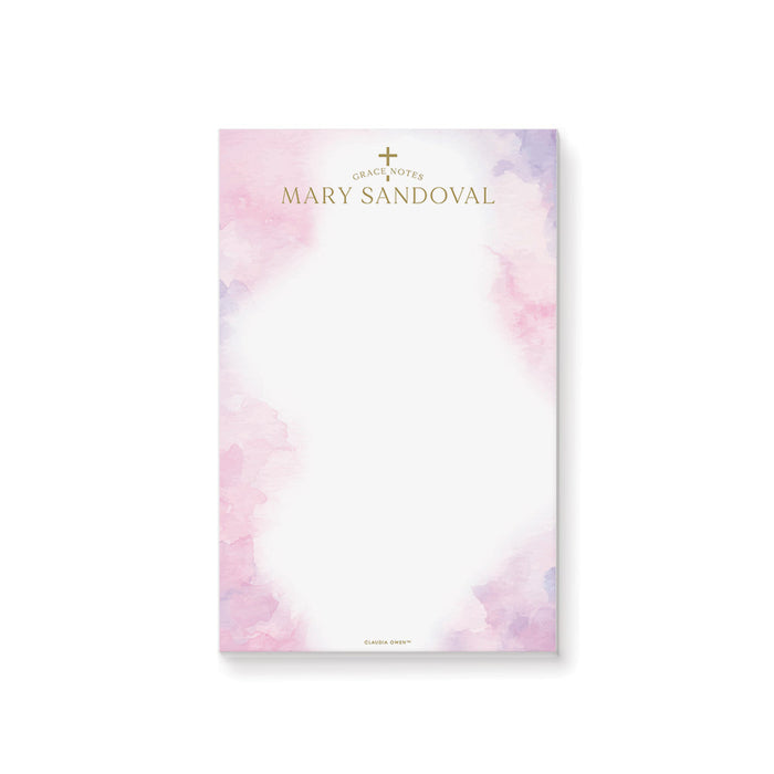 Personalized baptism notepad with pink watercolor design for christening stationery.