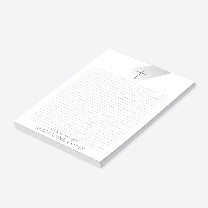 personalized baptism notepad with cross symbol, Walk in His Light wording, custom name, dotted writing lines, and clean white design-side