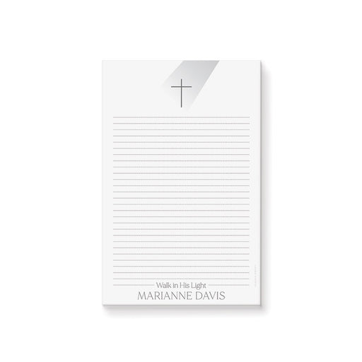 personalized baptism notepad with cross symbol, Walk in His Light wording, custom name, dotted writing lines, and clean white design