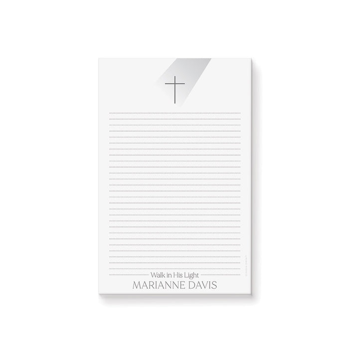 personalized baptism notepad with cross symbol, Walk in His Light wording, custom name, dotted writing lines, and clean white design