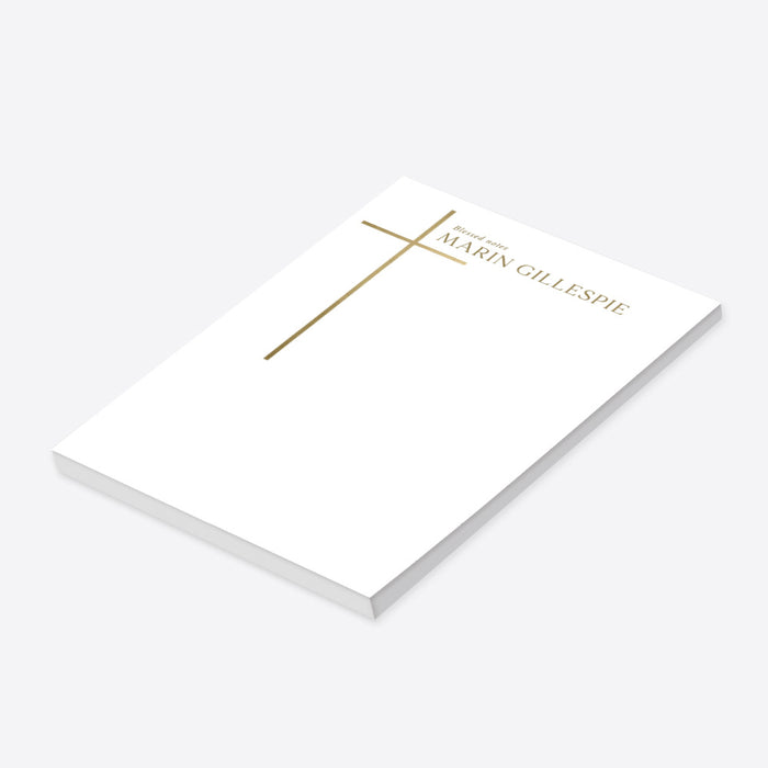 Personalized religious notepad featuring a gold cross design, customized with a name, ideal for baptisms, christenings, or faith-inspired daily notes.-side