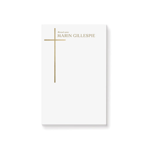 Personalized religious notepad featuring a gold cross design, customized with a name, ideal for baptisms, christenings, or faith-inspired daily notes.