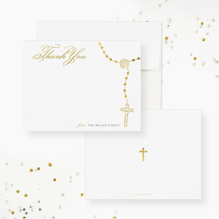 Personalized baptism thank you cards with a printed gold rosary and wording on white; a small printed gold cross on the back.