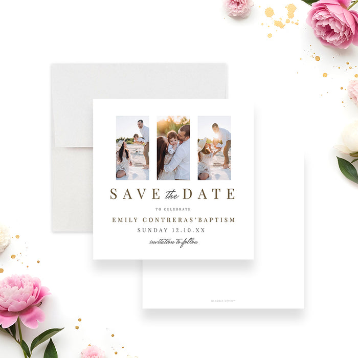 Photo baptism save the date card featuring a collage of family photos with elegant typography announcing a christening celebration.-front-back