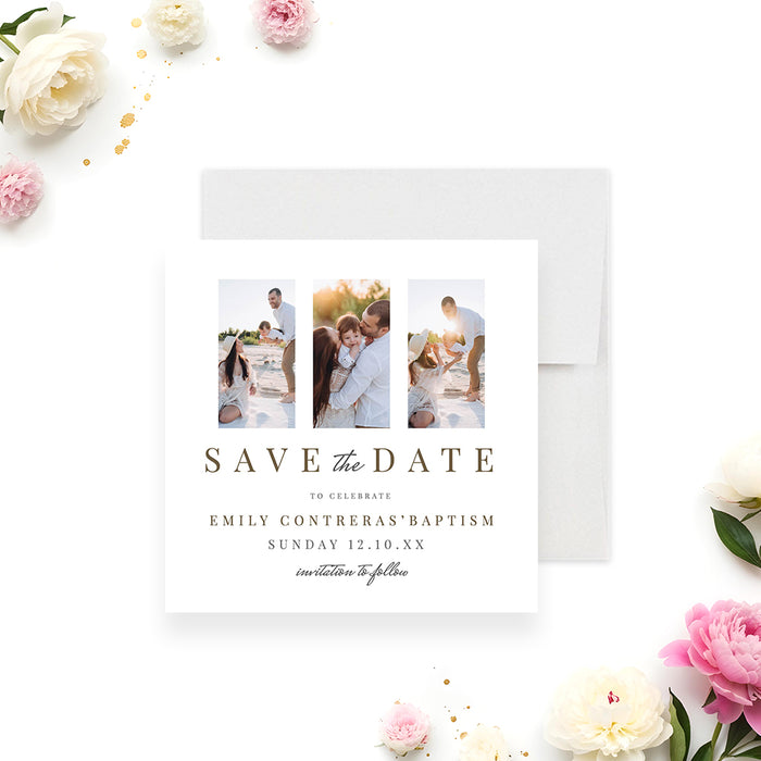 Photo baptism save the date card featuring a collage of family photos with elegant typography announcing a christening celebration.-front