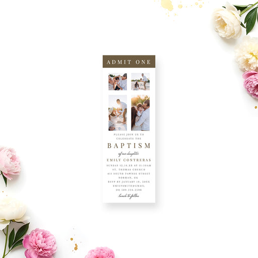 Photo baptism ticket invitation featuring a collage of family photos with elegant typography for a christening celebration.