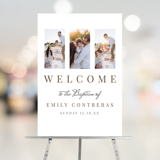 Photo baptism welcome sign featuring a collage of family photos and elegant typography for a christening celebration.